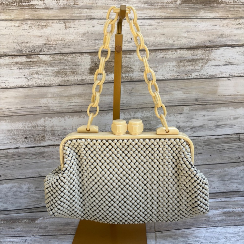 Whiting & Davis Alumesh Handbag Cream Mesh Chain Strap KissLock Retro MCM 50s